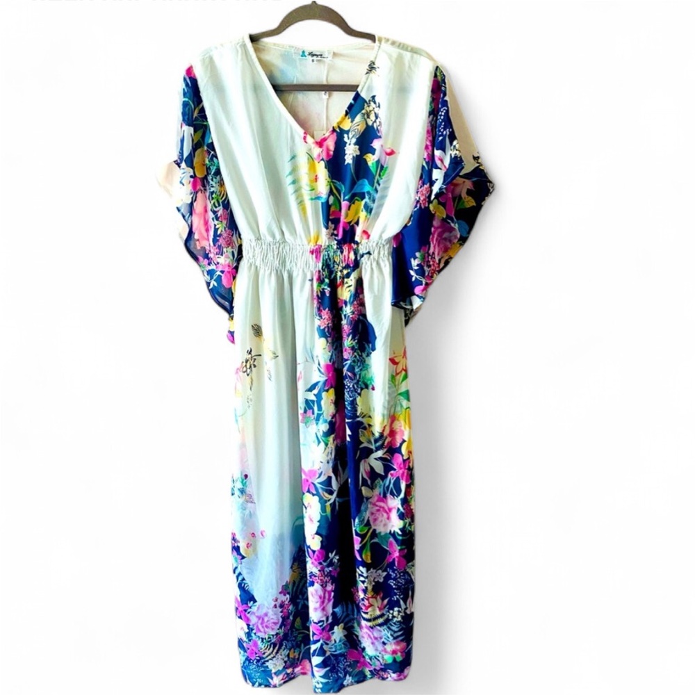 NWT LAPIOGEE FLUTTER SLEEVE FLORAL CINCHED WAIST BEACHY MAXI RESORT DRESS SMALL